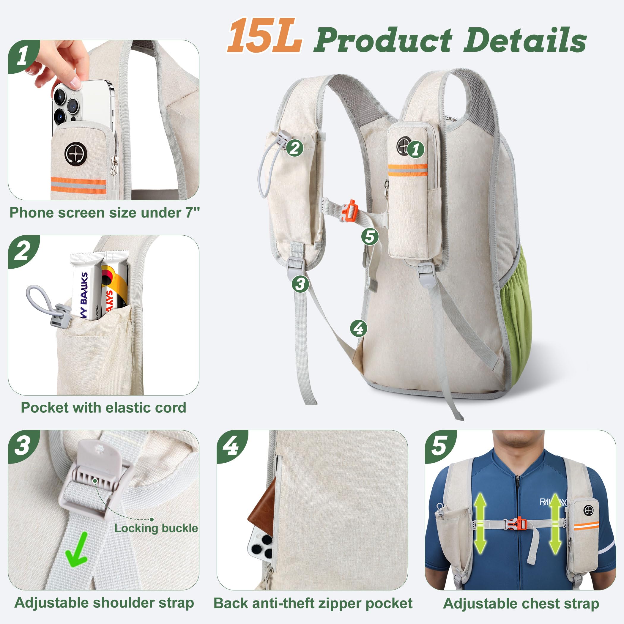 BECOJADDE 15L backpack front pocket in use, organize essentials quickly during outdoor adventures.