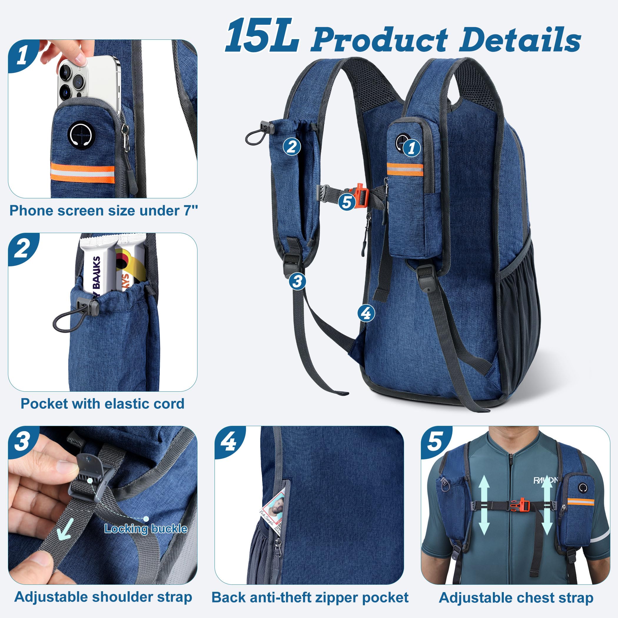 BECOJADDE 15L backpack left zip pocket for secure storage during outdoor activities