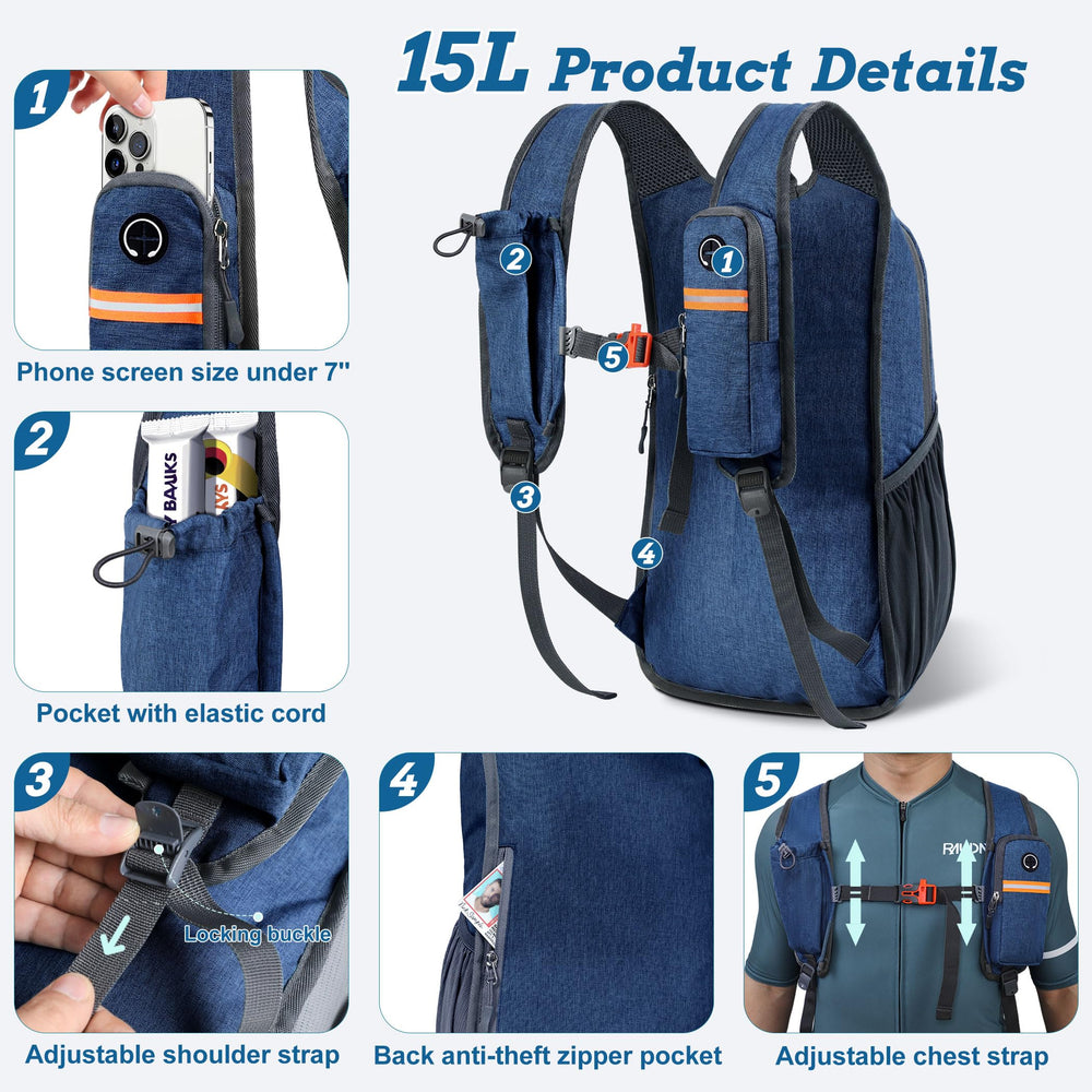 BECOJADDE 15L backpack left zip pocket for secure storage during outdoor activities