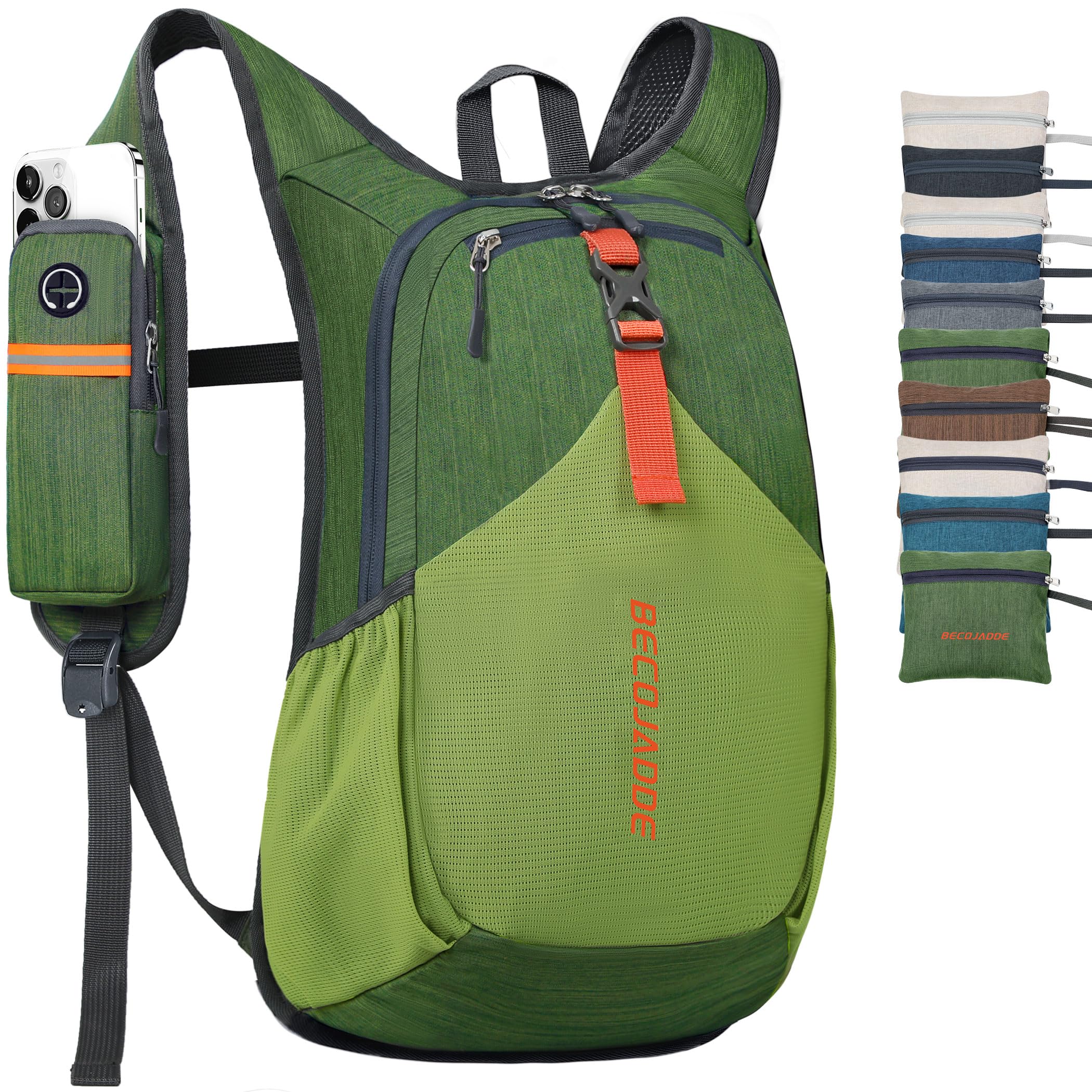 BECOJADDE 15L backpack left zip pocket for quick phone access on trails.