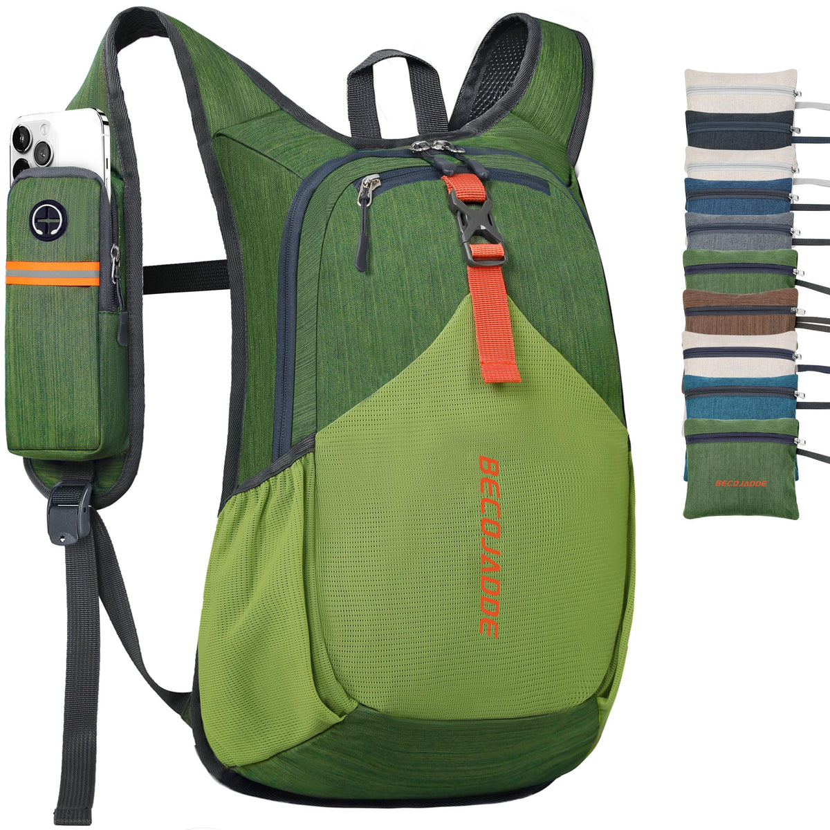 BECOJADDE 15L backpack left zip pocket for quick phone access on trails.