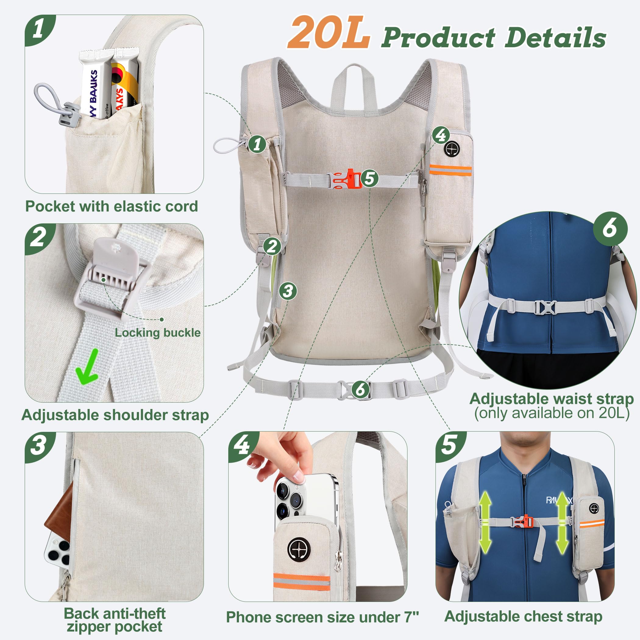 BECOJADDE 20L front elastic mesh pocket enables quick-access gear.