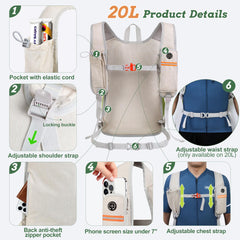 BECOJADDE 20L front elastic mesh pocket enables quick-access gear.