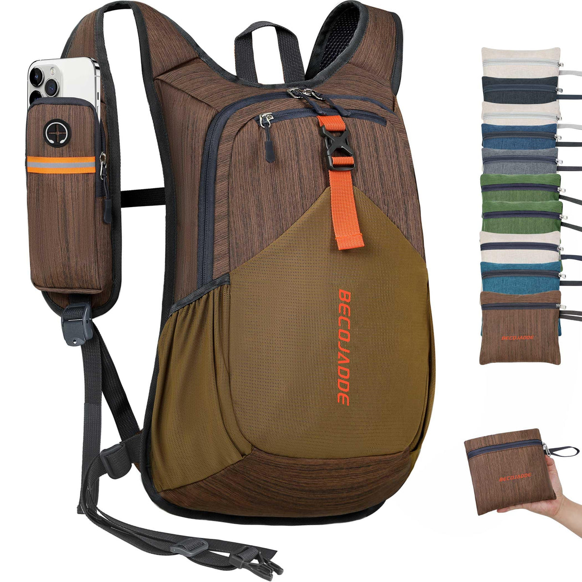 BECOJADDE 20L hiking backpack with left zippered phone pocket for quick trail access.