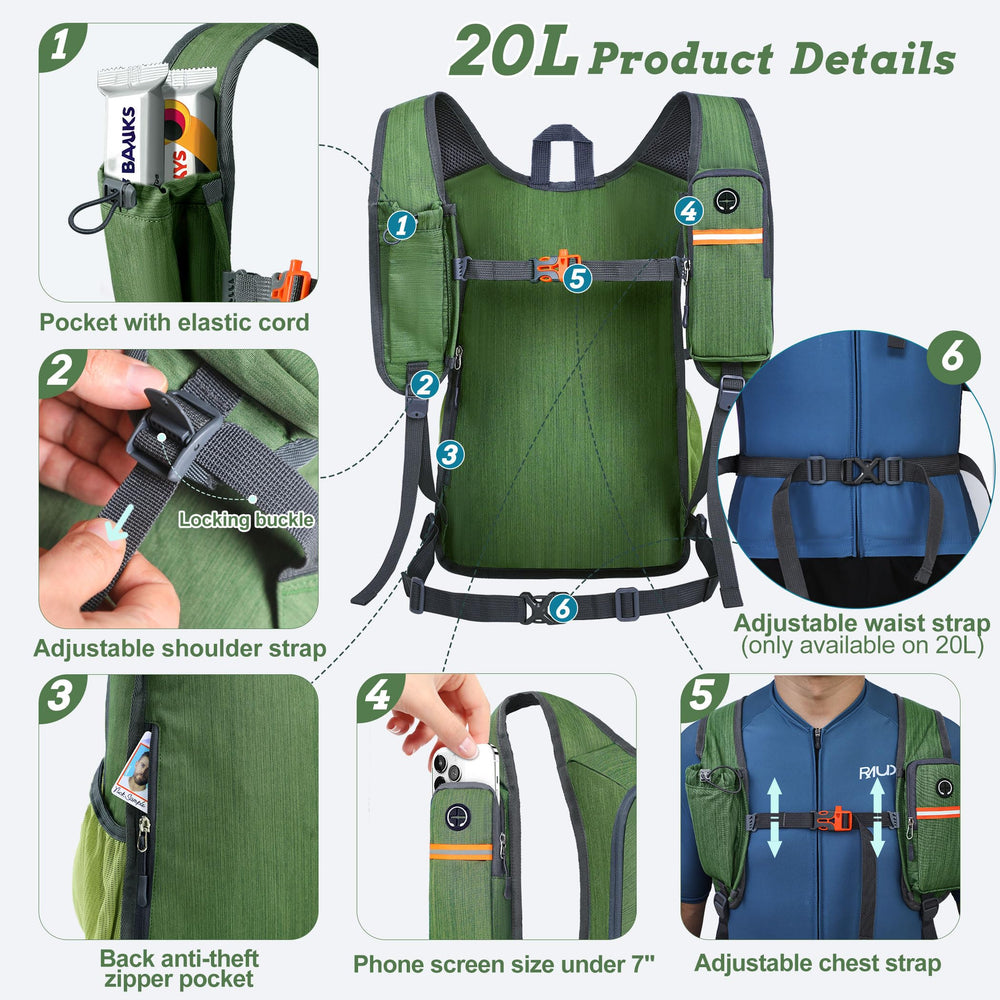 BECOJADDE olive-backpack folded-pocket demonstrates packability for travel.