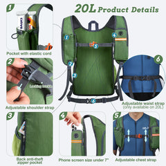 BECOJADDE olive-backpack folded-pocket demonstrates packability for travel.
