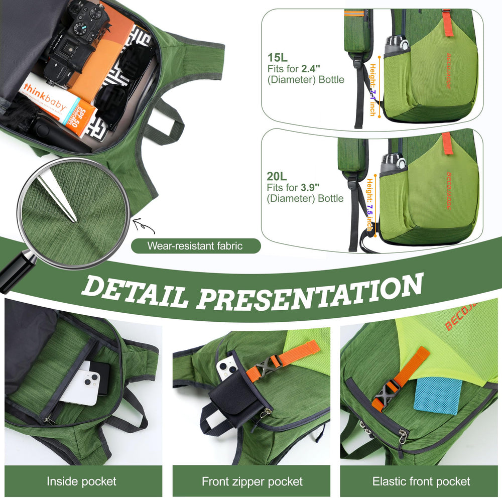 BECOJADDE 20L backpack left-strap pocket for quick-access phone.