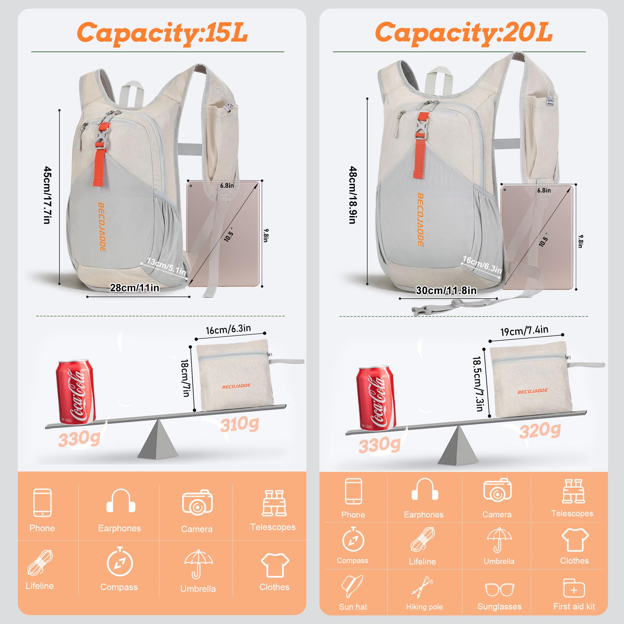 BECOJADDE 20L backpack breathable shoulder straps enhance comfort on long outdoor treks.