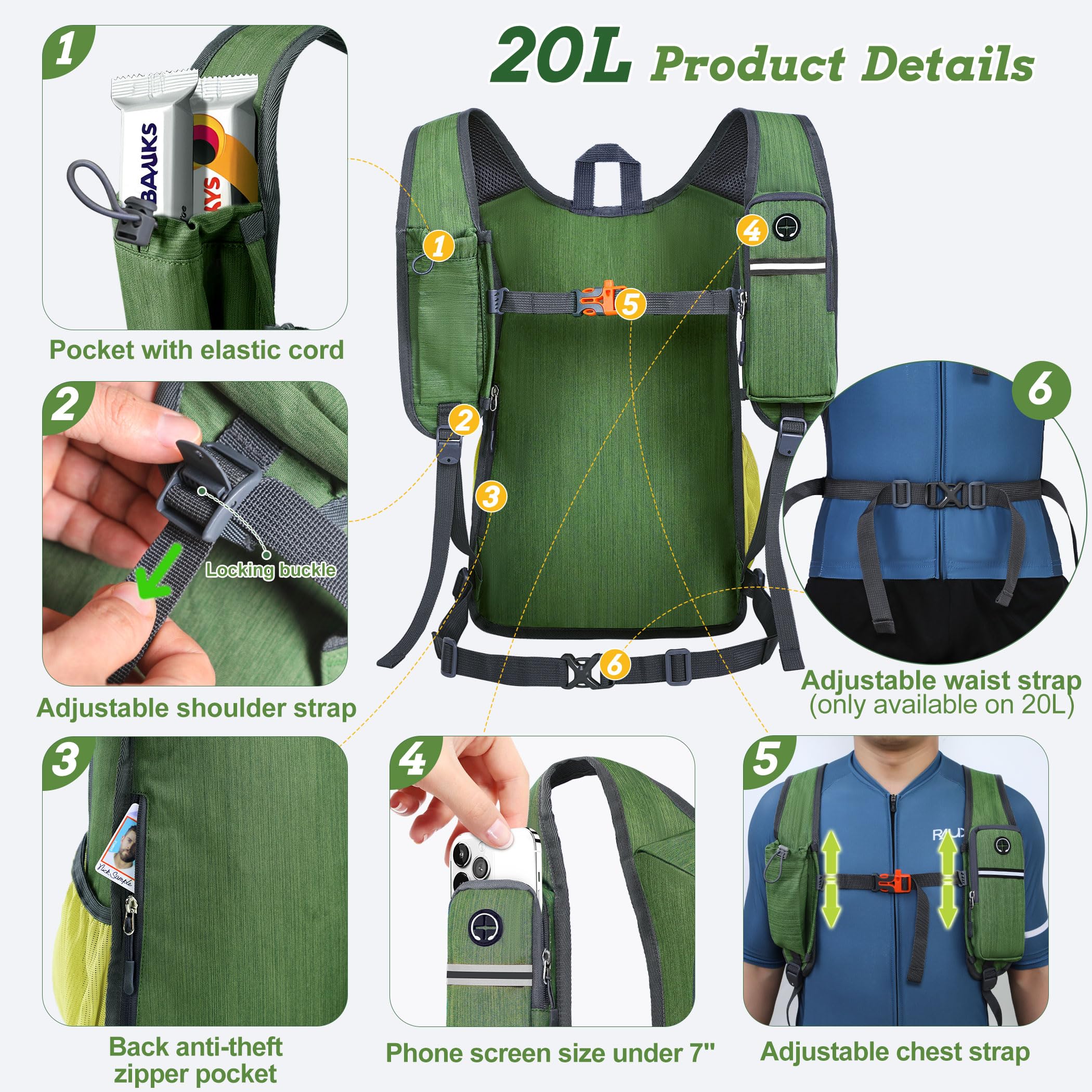 BECOJADDE 20L chest belt is adjustable for secure fit and safety signaling.