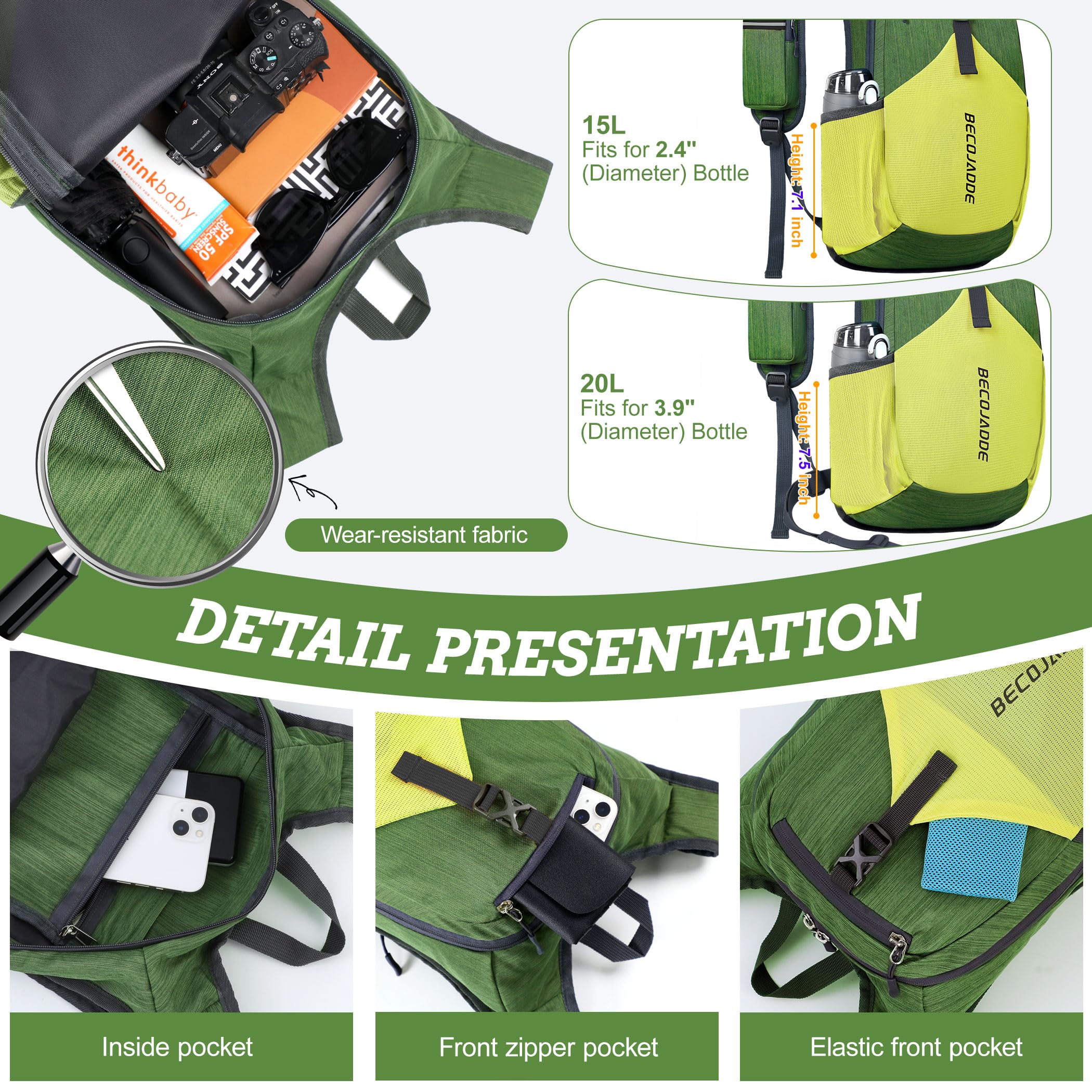 BECOJADDE 20L foldable pocket showcases packable design for easy storage.