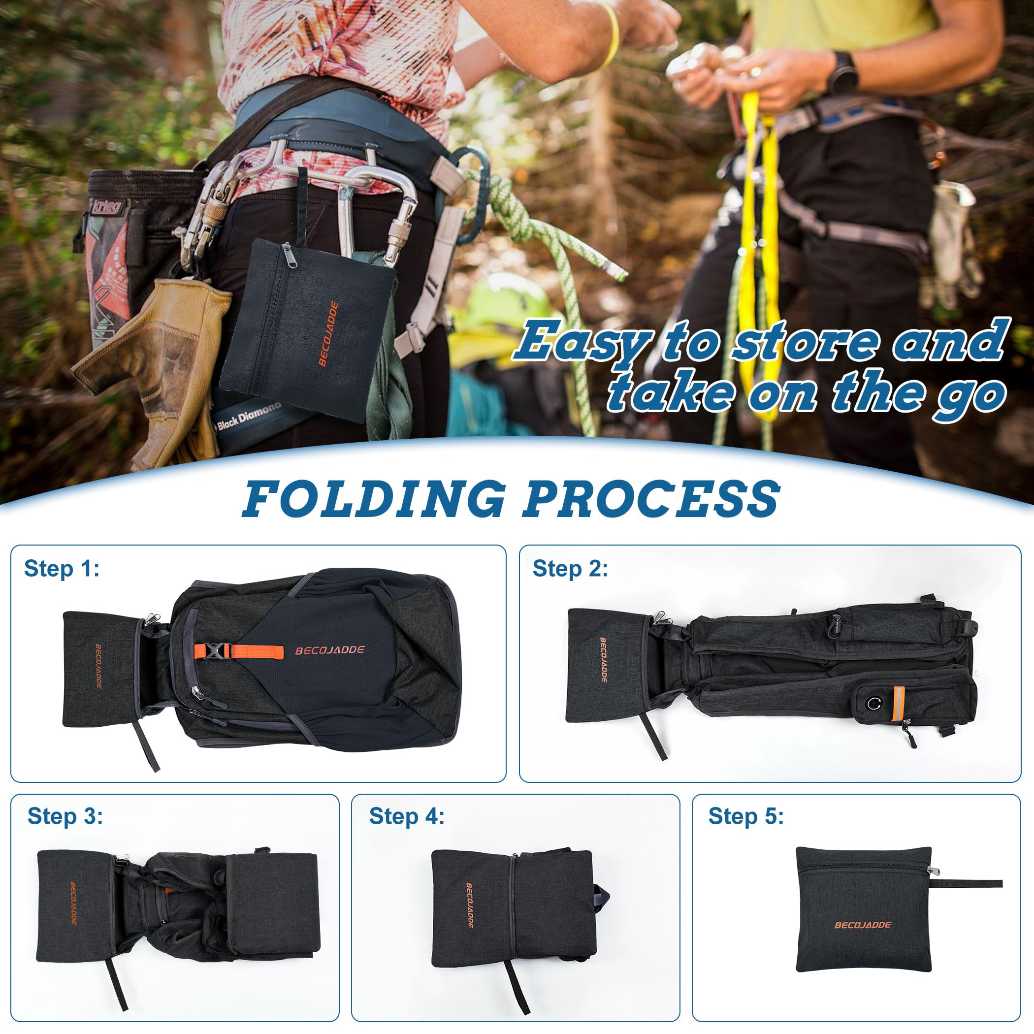 BECOJADDE foldable packable design compresses into its own pocket for easy storage.