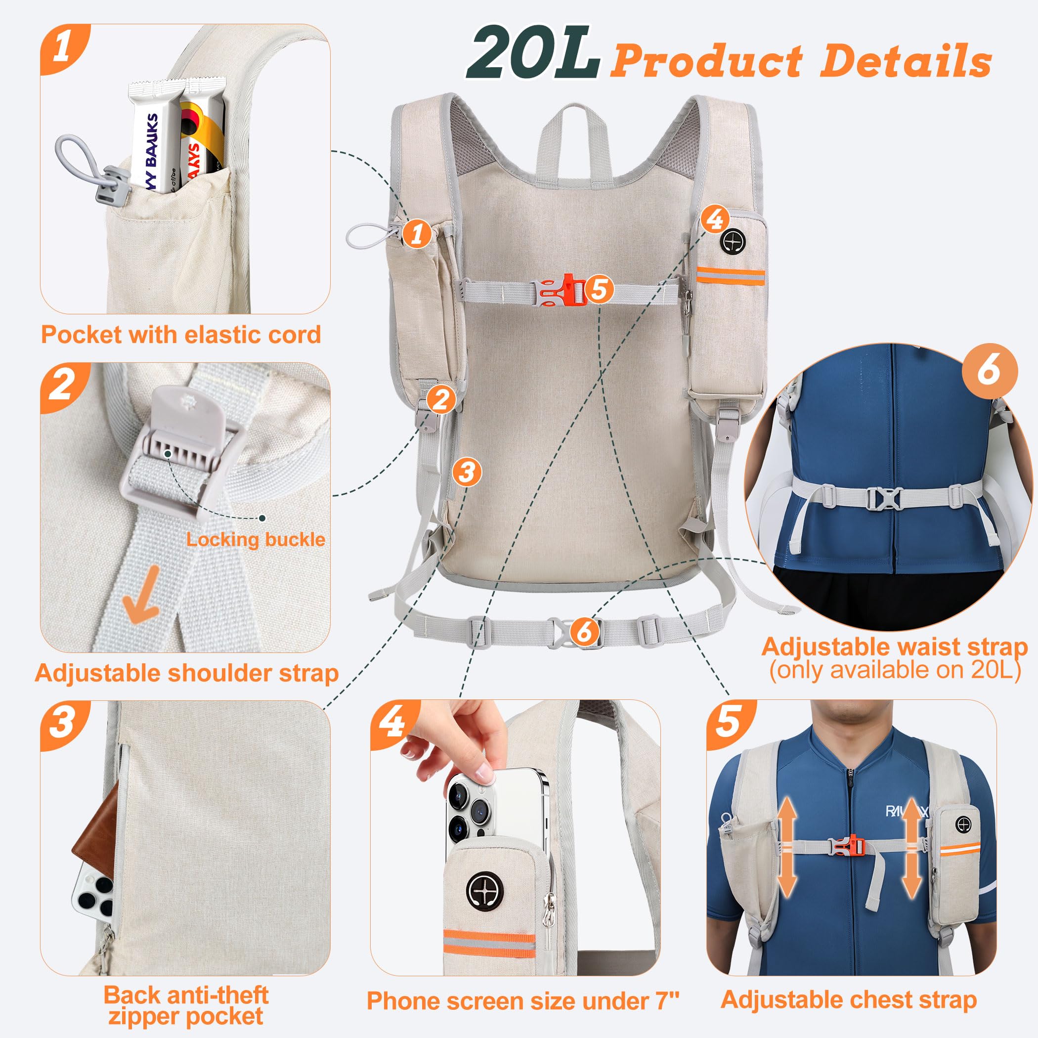 BECOJADDE 20L backpack right-side zippered pocket keeps valuables secure during day hikes.