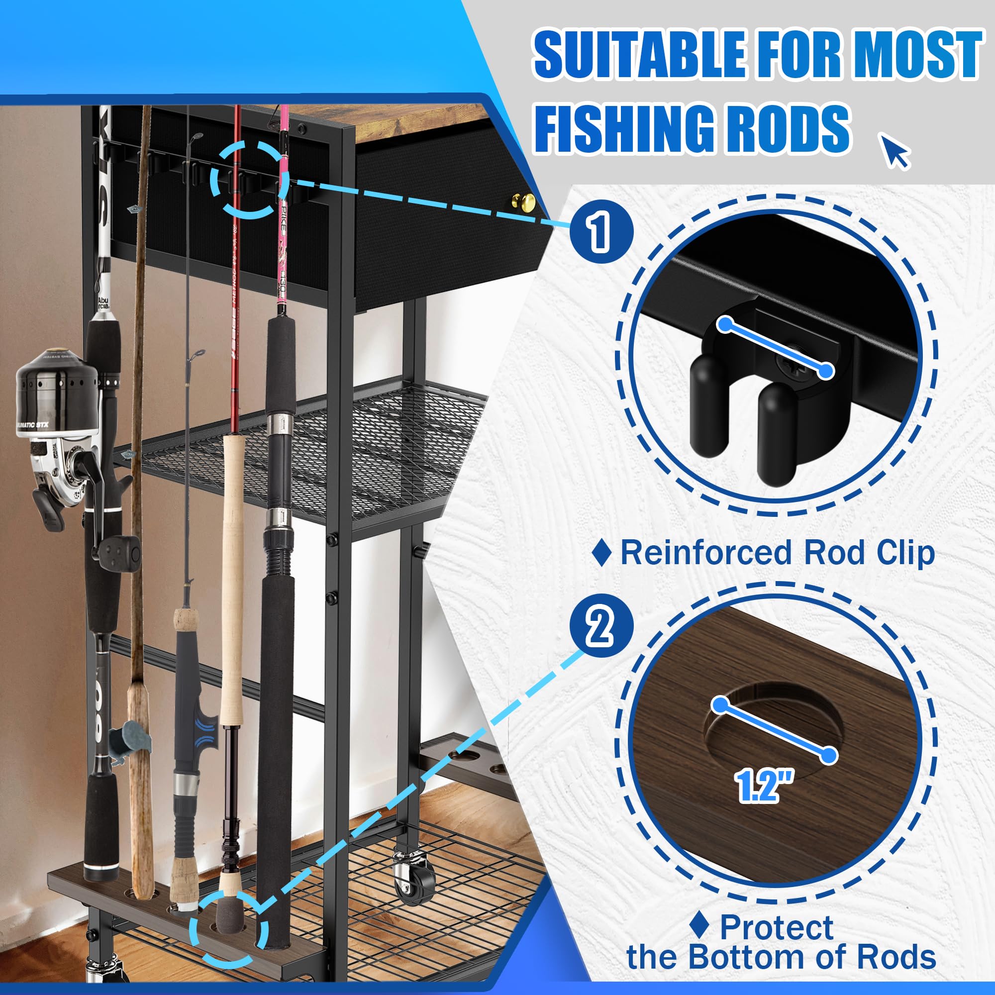 BEGULF 360-degree rotation rod rack provides access from any angle.