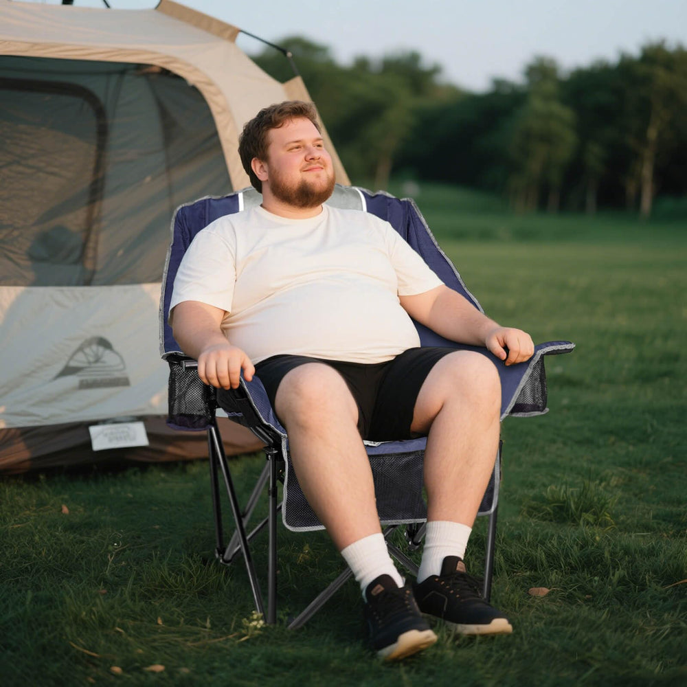 Behairity oversized camping chair with cupholders provides easy drink access.