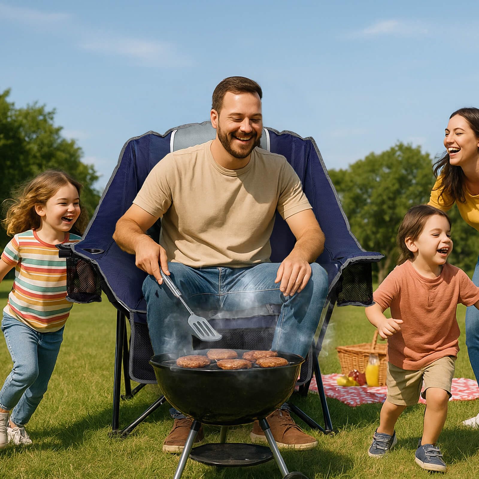 Behairity tailgate scene shows versatile outdoor seating.