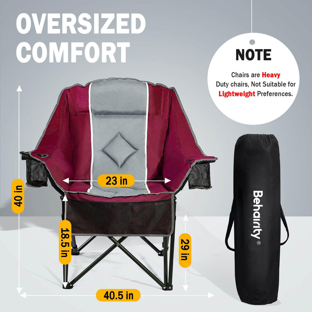 BeHairity padded camping chair offers all-day comfort with cushioned back and arms.