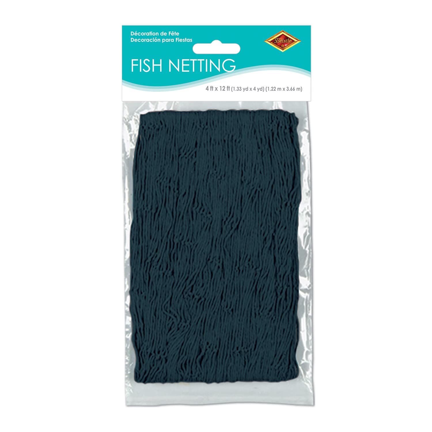 Beistle black fish netting suits luau and pirate themes with flexible layering.