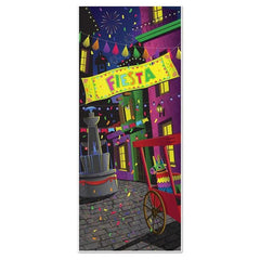 Beistle Fiesta Door Cover displays a colorful fiesta street scene and festive entryway decor