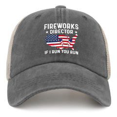 BEIXBE Fireworks Director hat front view showing vintage denim mesh for breathable summer wear
