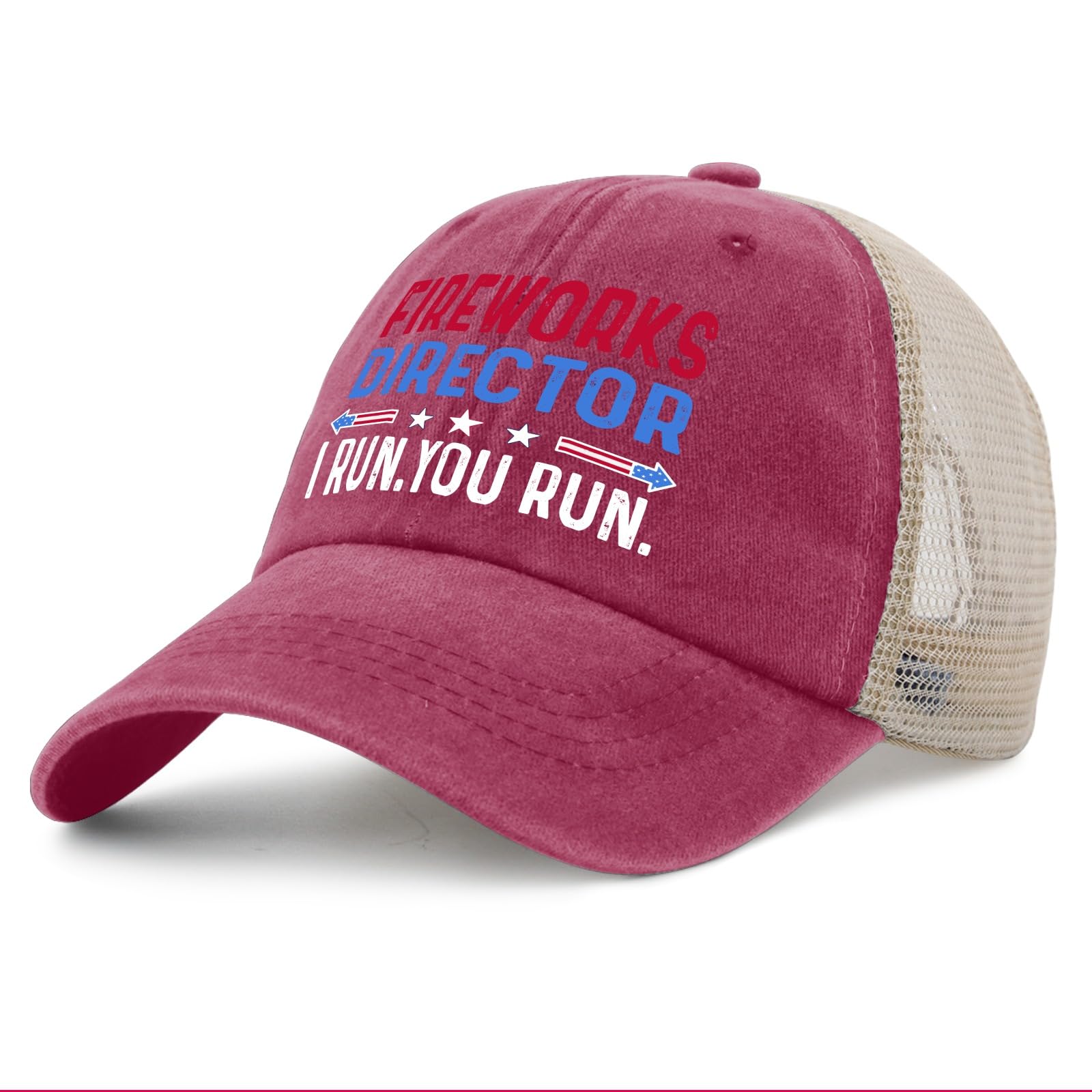 BEIXBE Fireworks Director Run You Run hat denim-wash texture, retro style