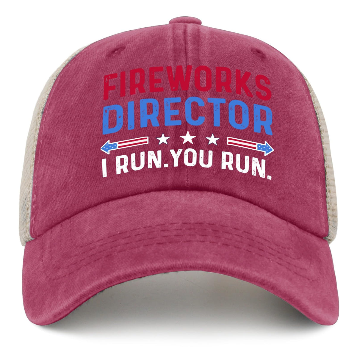BEIXBE Fireworks Director Run You Run hat front view, breathable mesh for hot days