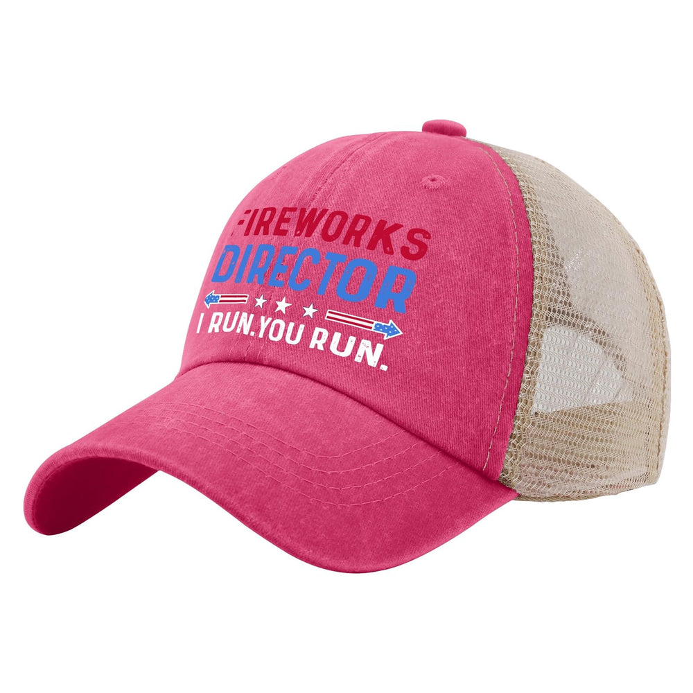 BEIXBE Fireworks Director Run You Run hat side profile, vintage denim texture for casual style