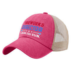 BEIXBE Fireworks Director Run You Run hat side profile, vintage denim texture for casual style