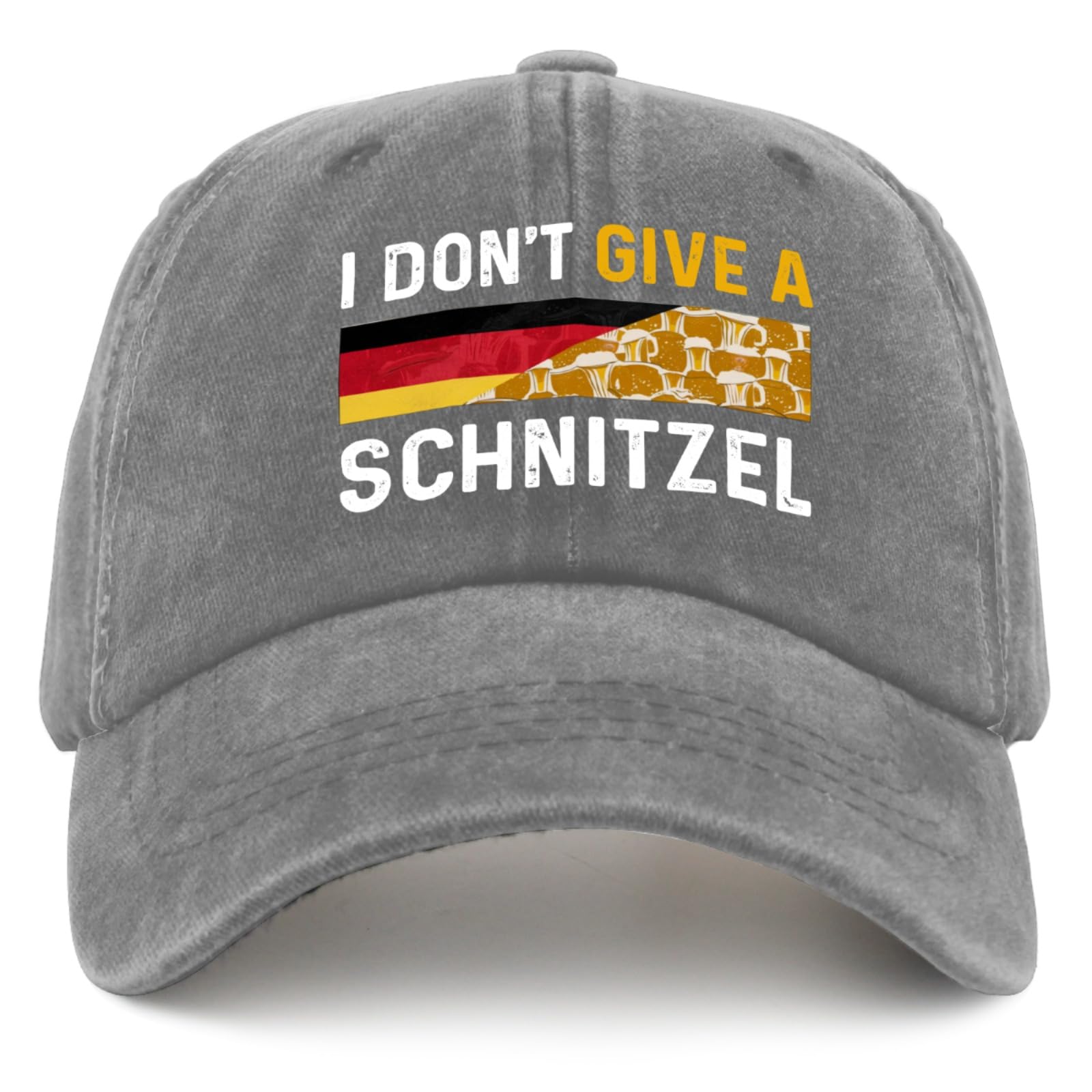 BEIXBE I Don't Give A Schnitzel hat front view shows breathable denim for summer days