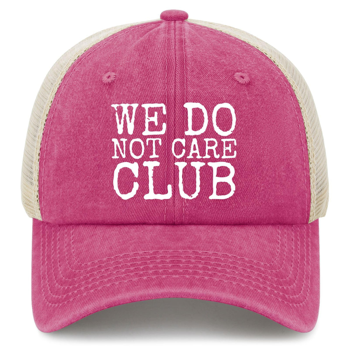 BEIXBE We Do Not Care Club Hat pink front view, breathable cotton for daily wear.