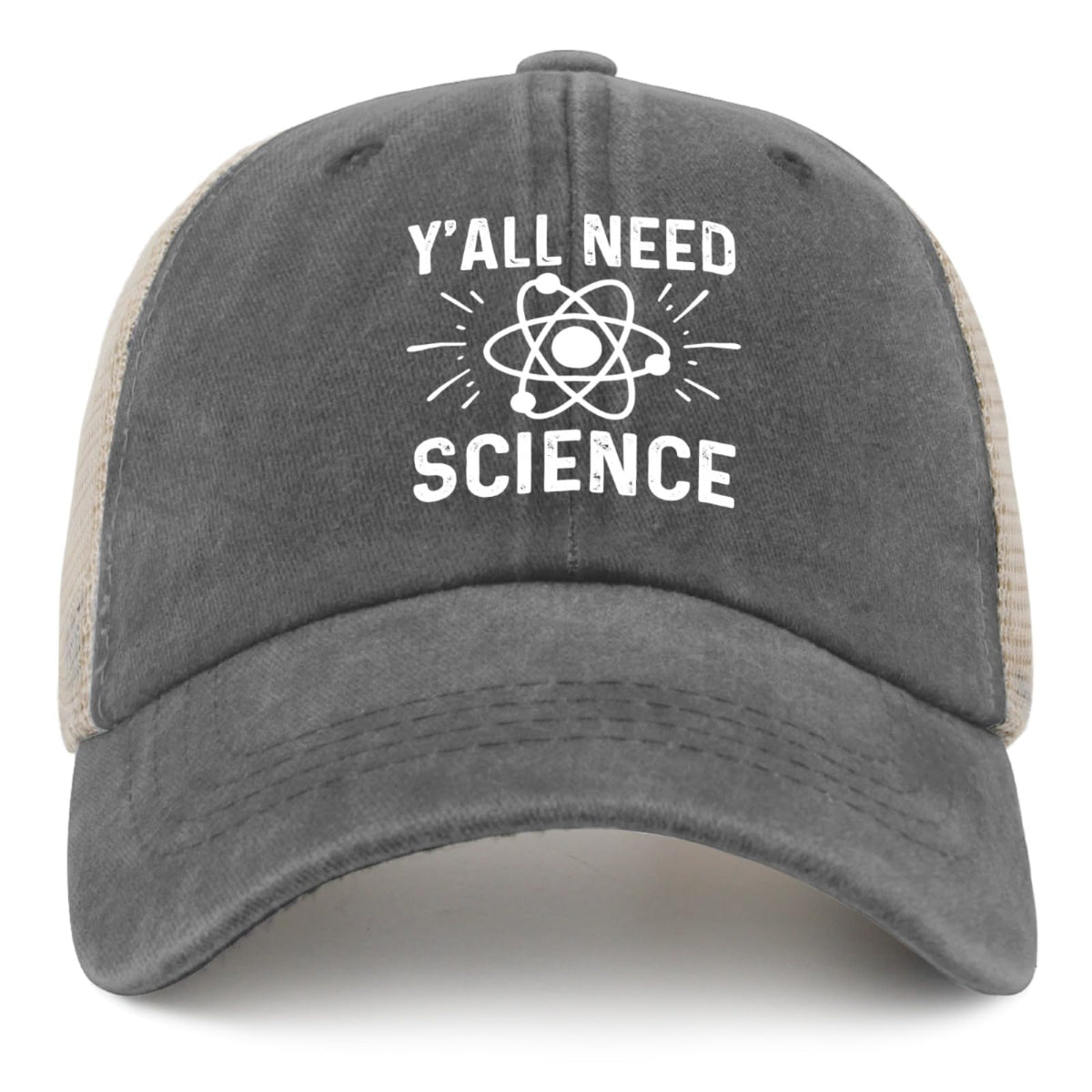 BEIXBE Y'all Need Science hat front view shows vintage denim styling and breathable comfort