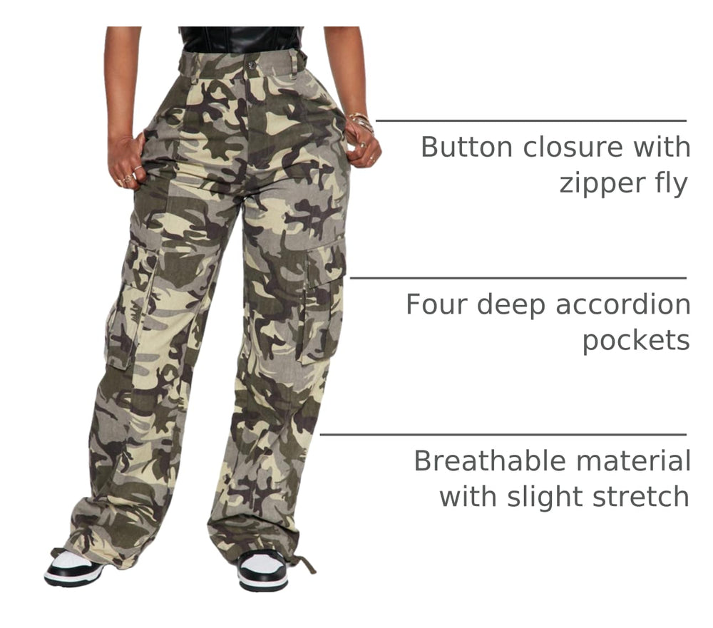 BEJONS camo cargo pants waist-high green back view highlights flexible waistband and secure fit.