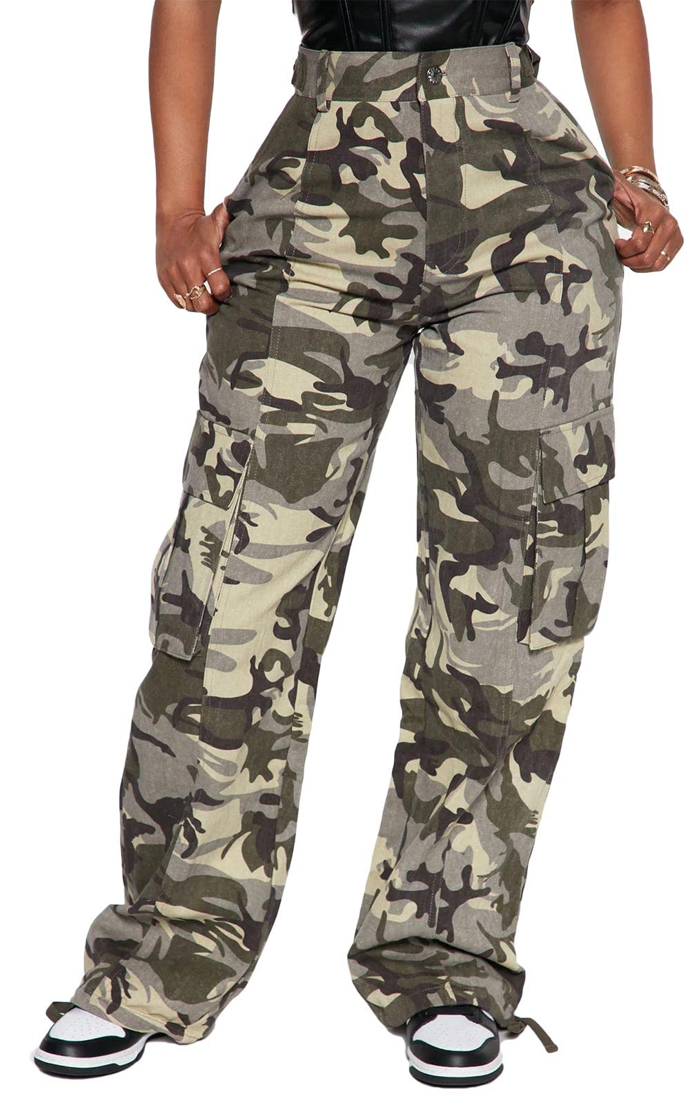 BEJONS camo cargo pants front view highlights high waist and relaxed straight fit for daily wear.