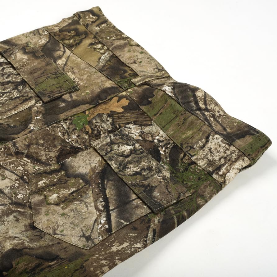 Bell Rangers Realtree APX camo pants zipper vent detail aids airflow during active hiking.