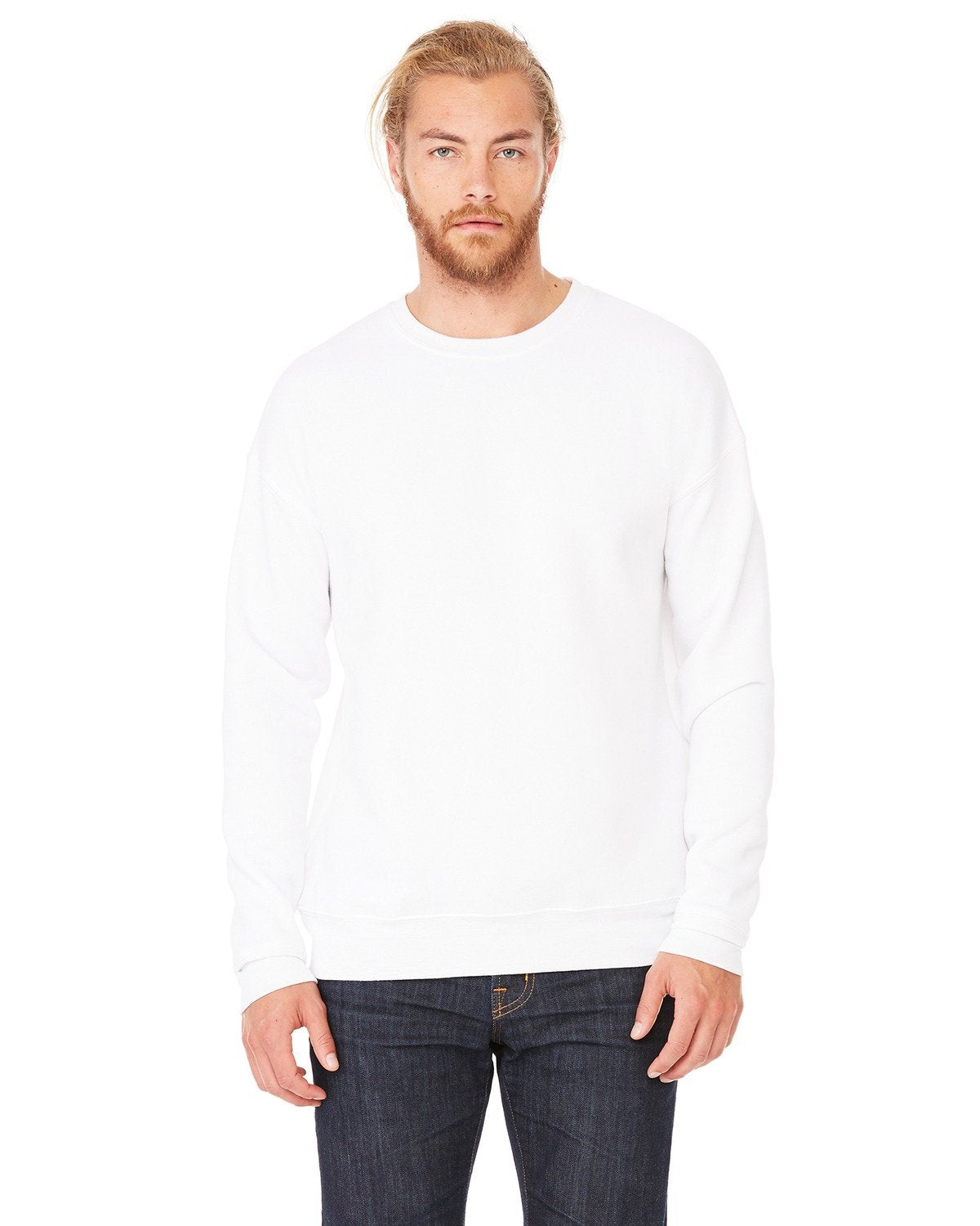 Bella + Canvas unisex drop shoulder fleece white front view, relaxed fit for everyday wear.