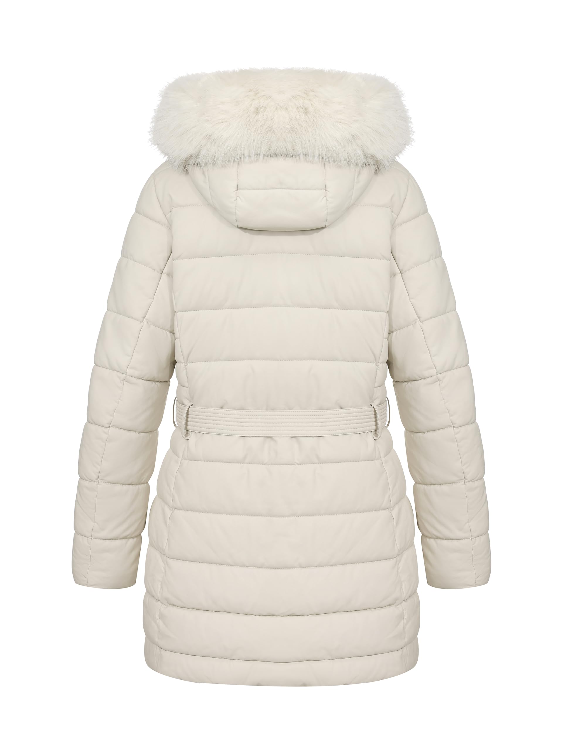 Bellivera puffer coat with fur-trimmed hood highlights luxurious detail and neck warmth.