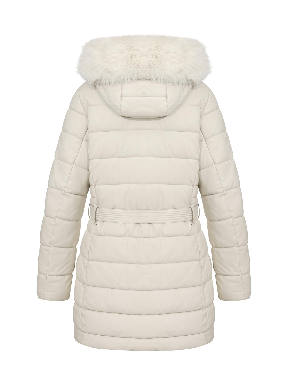 Bellivera puffer coat with fur-trimmed hood highlights luxurious detail and neck warmth.