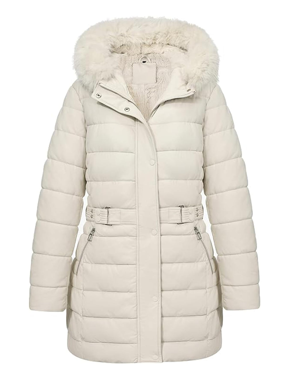 Bellivera plus-size puffer coat with hood and sherpa lining, front view for cozy warmth.