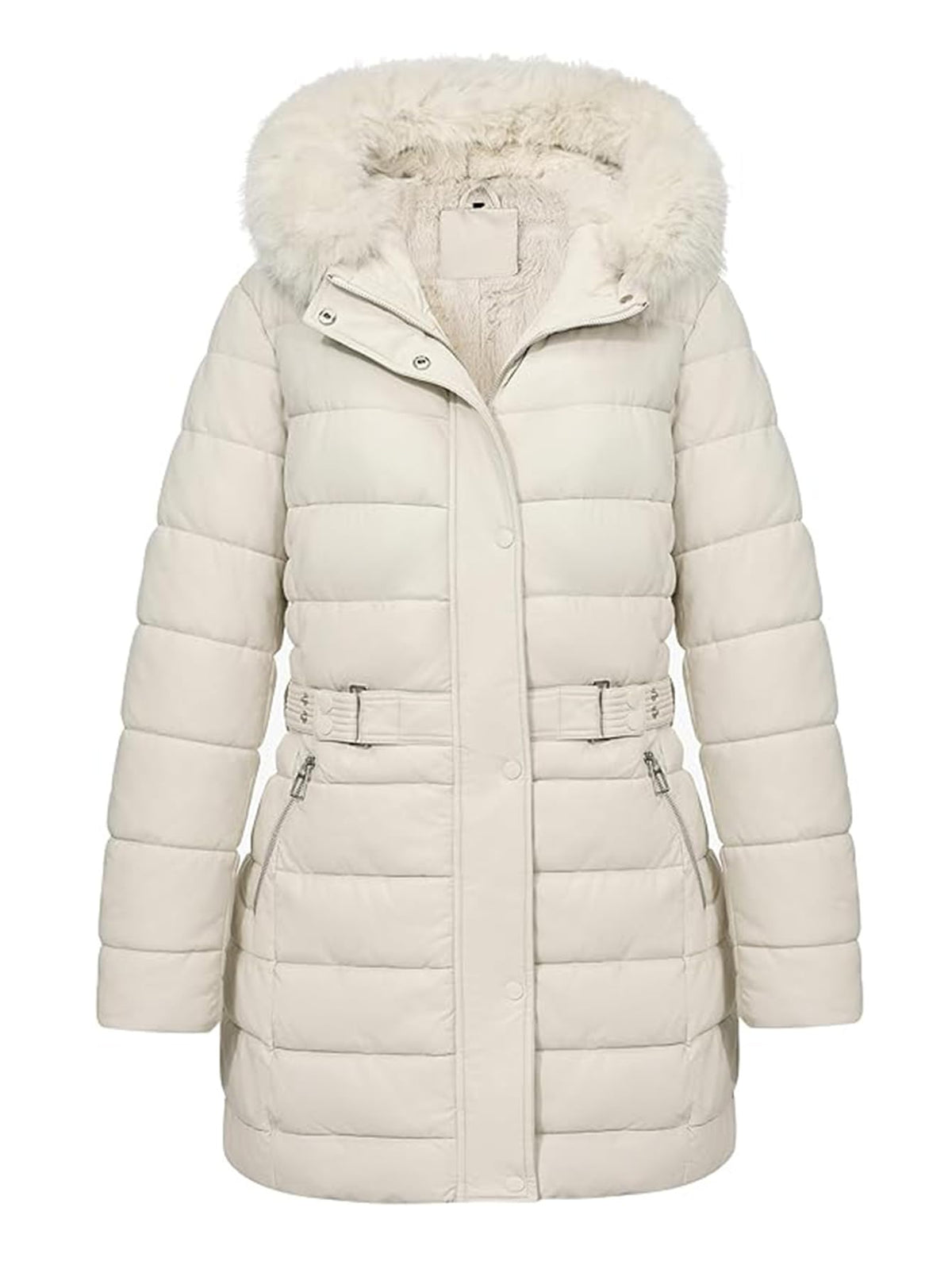 Bellivera plus-size puffer coat with hood and sherpa lining, front view for cozy warmth.