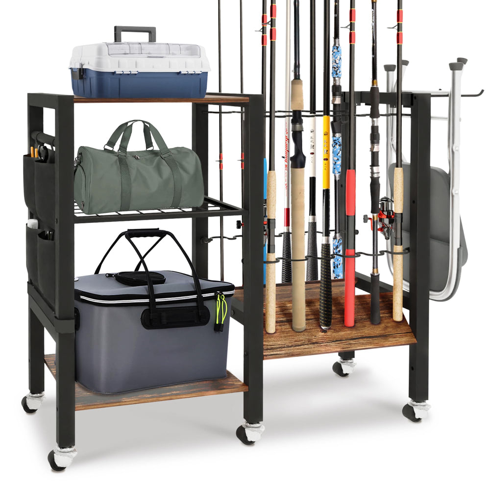 BELLO YON 3-Tier Fishing Rod Holder in a garage storage setup