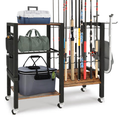 BELLO YON 3-Tier Fishing Rod Holder in a garage storage setup