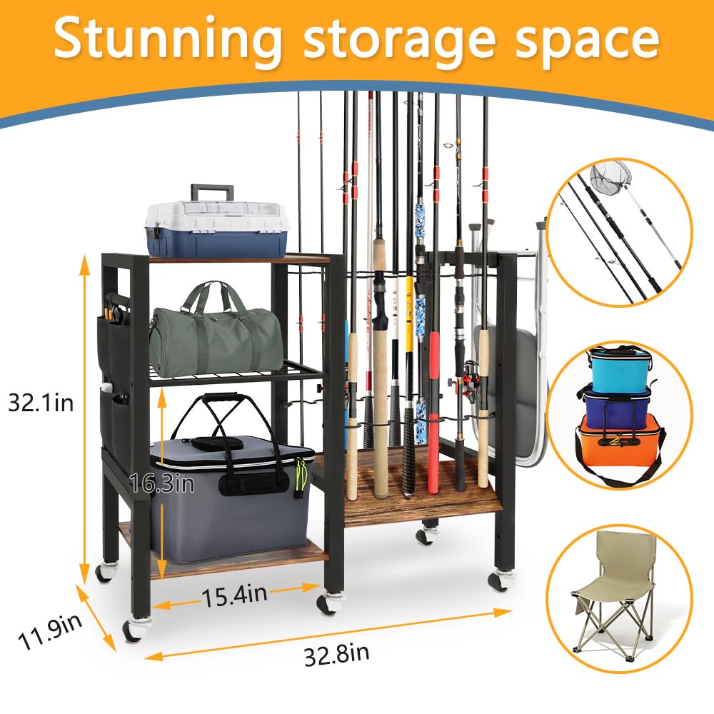 3-tier shelf holding fishing rods and tackle boxes