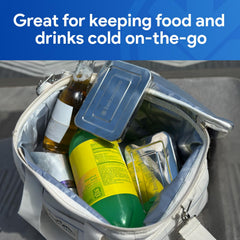 Below Zero Deluxe stainless steel cooling pack in cooler preserves snacks during travel.