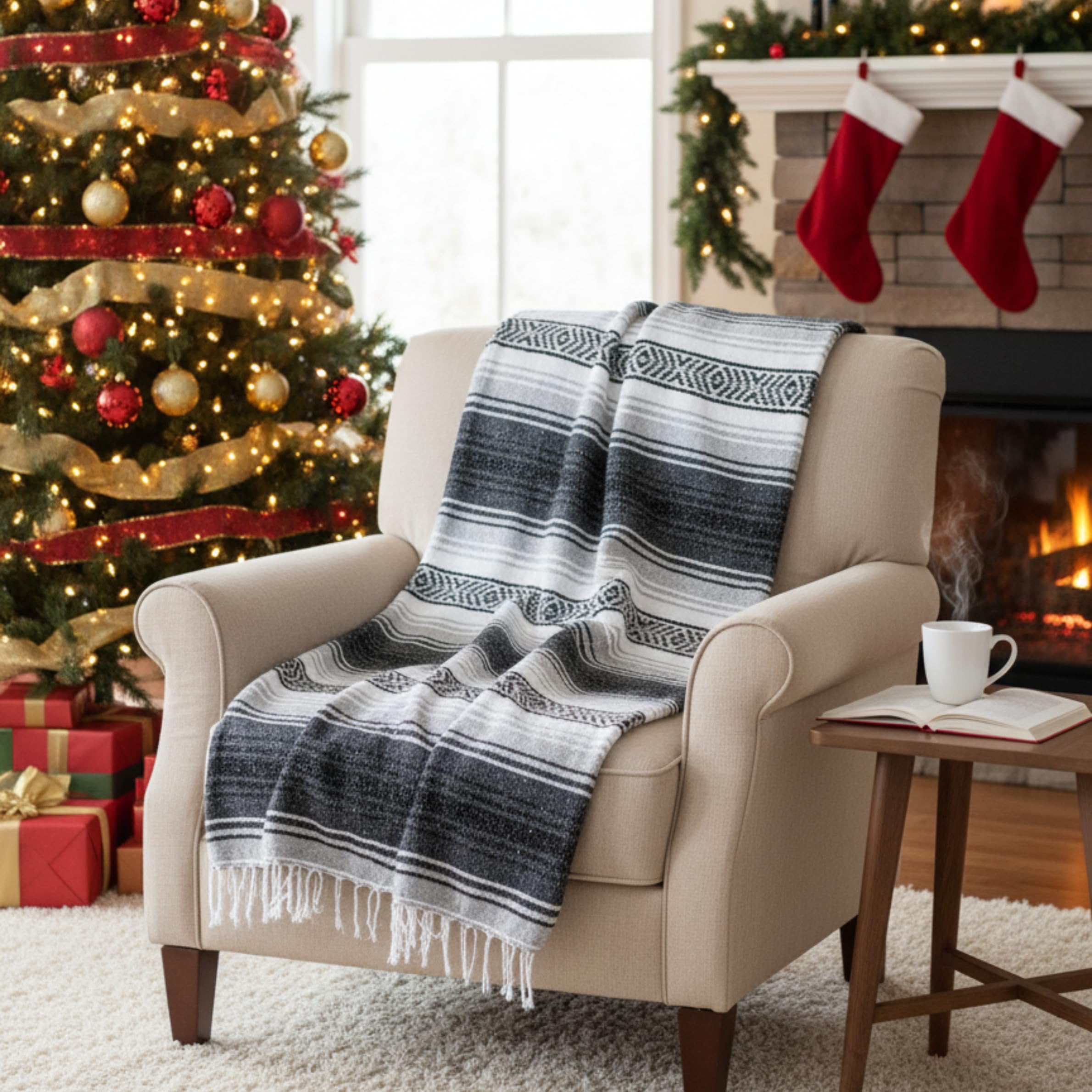 Benevolence LA serape blanket yoga practice-ready shown in serene studio