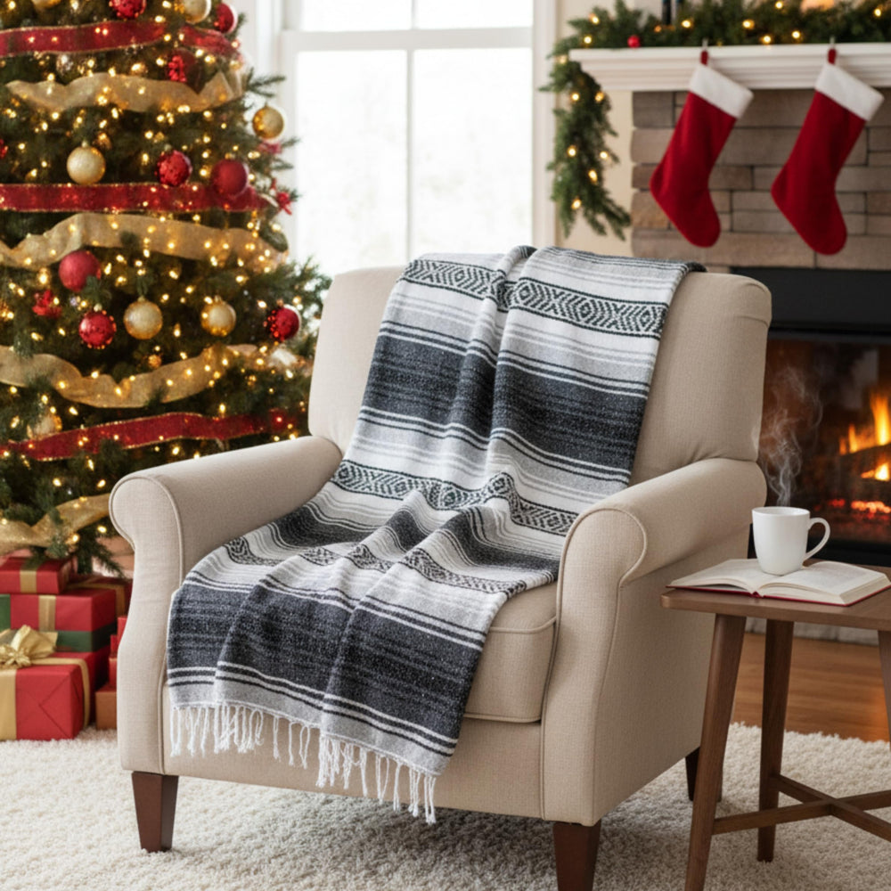 Benevolence LA serape blanket yoga practice-ready shown in serene studio