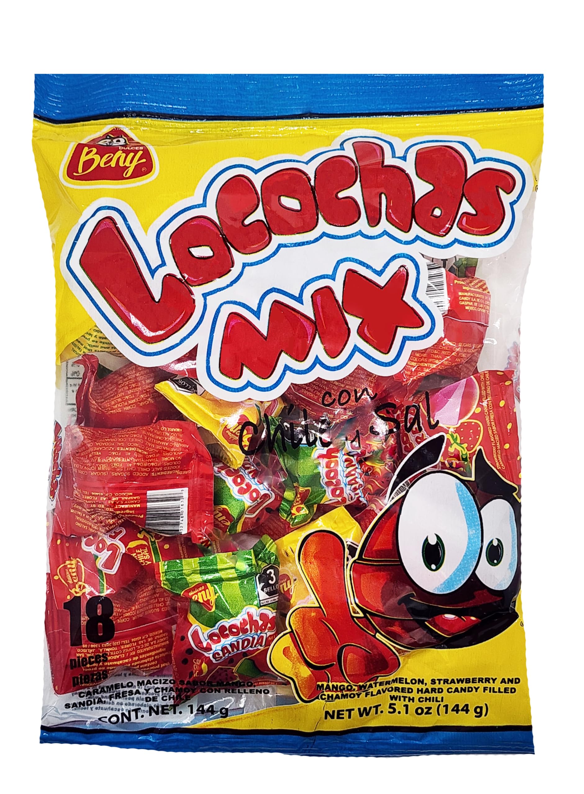 BENY Locochas bag front view highlighting chili-centered hard candies.
