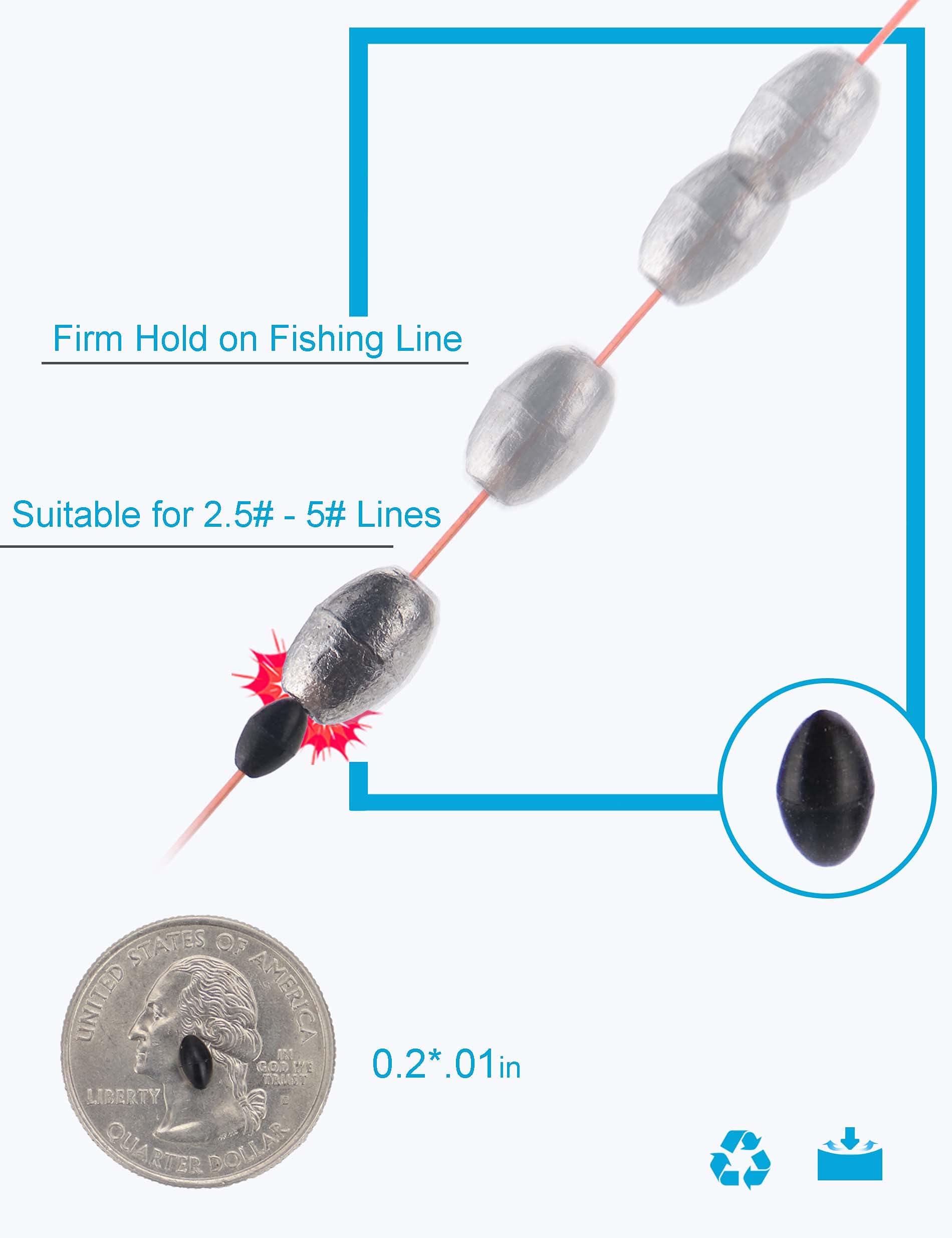 Olive-shaped black rubber bobber stops on fishing line in a row