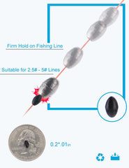 Olive-shaped black rubber bobber stops on fishing line in a row