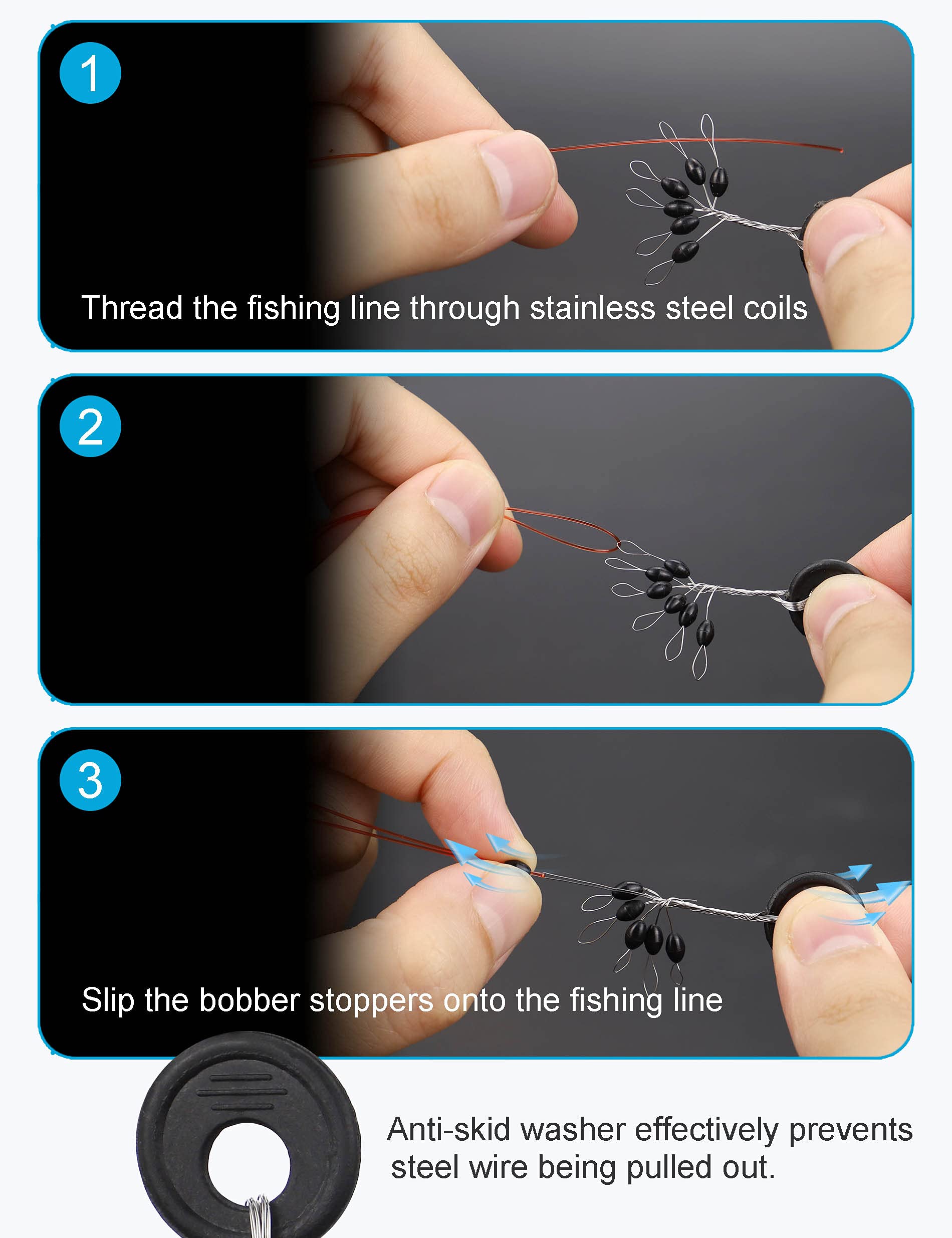 Close-up of bobber stops and 100 washers included