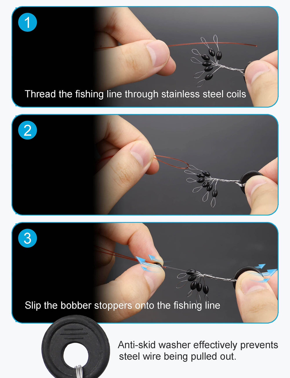 Close-up of bobber stops and 100 washers included