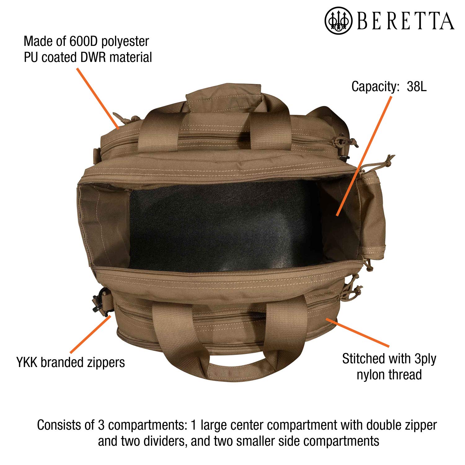 Beretta 38L range bag carry options show top handles and adjustable strap.